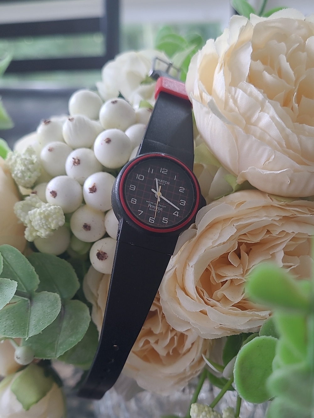 Vintage A Watch Swiss Quartz Black & Red Plaid Dial Wristwatch